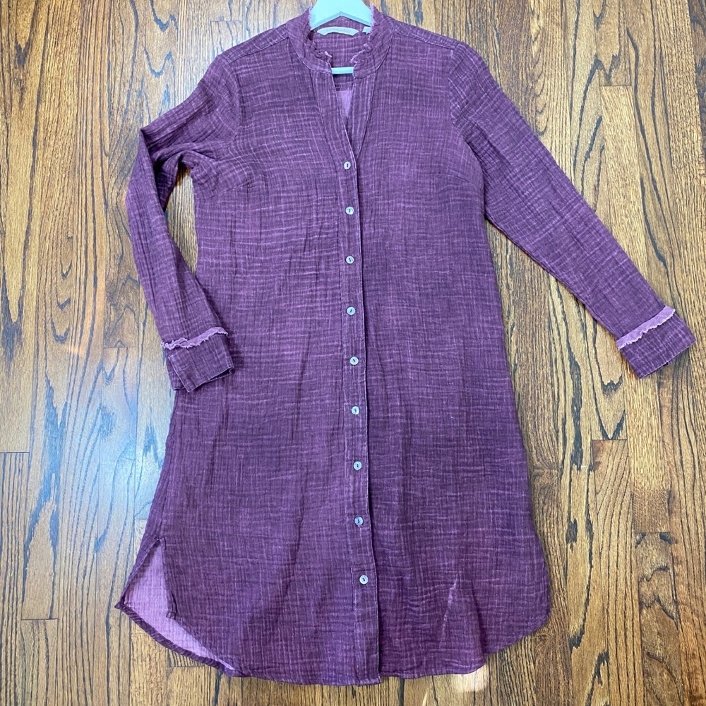 Soft Surroundings Tunic Top Dress Purple Gauze Button Front Frayed‎ Boho Small